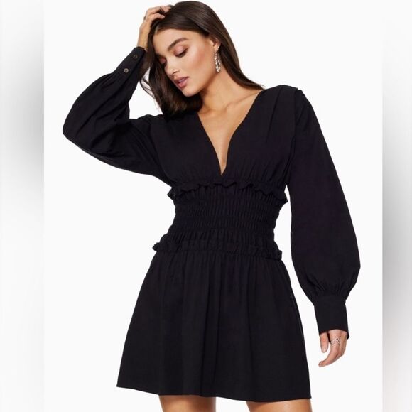 Ramy Brook Dresses & Skirts - Ramy Brooke Blythe Smocked Long Sleeve V-Neck Mini Dress sz small black cotton